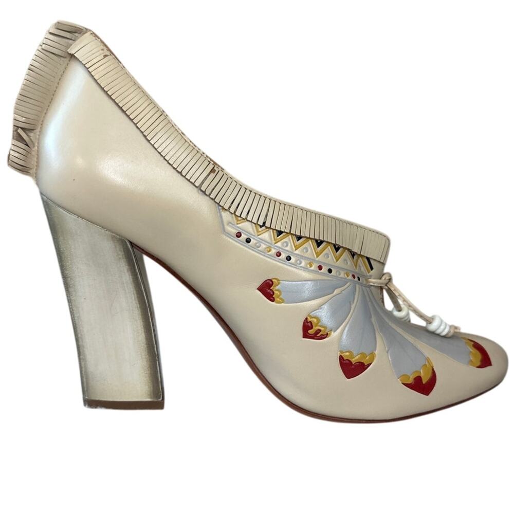 Tory Burch Yuma Fringe Feather Heel 7.5 Folk Art Block Pump - Picture 9 of 13